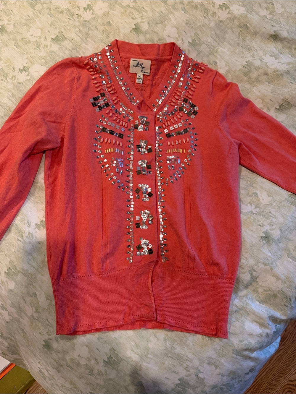 Milly Coral Pink Embellished Cardigan